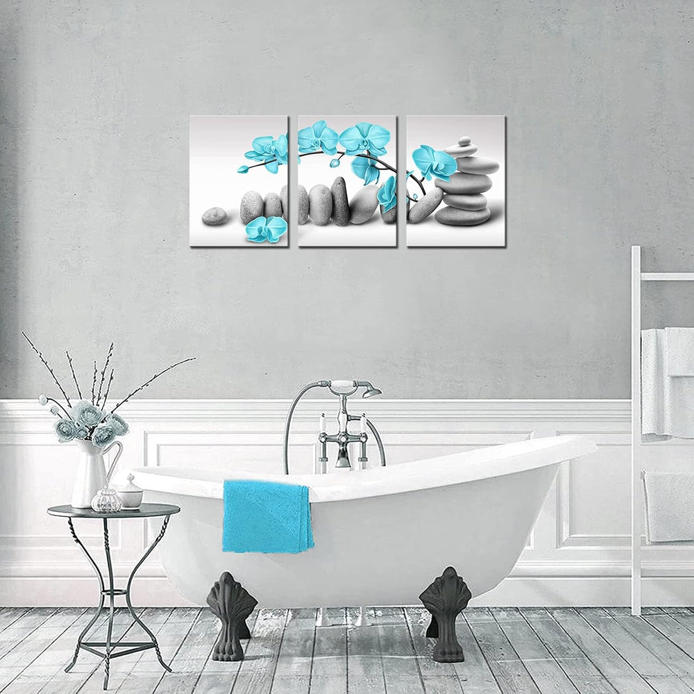 Biuteawal 3 Panel Zen Wall Art Blue Orchid Flower with SPA Stone Pictures Can...