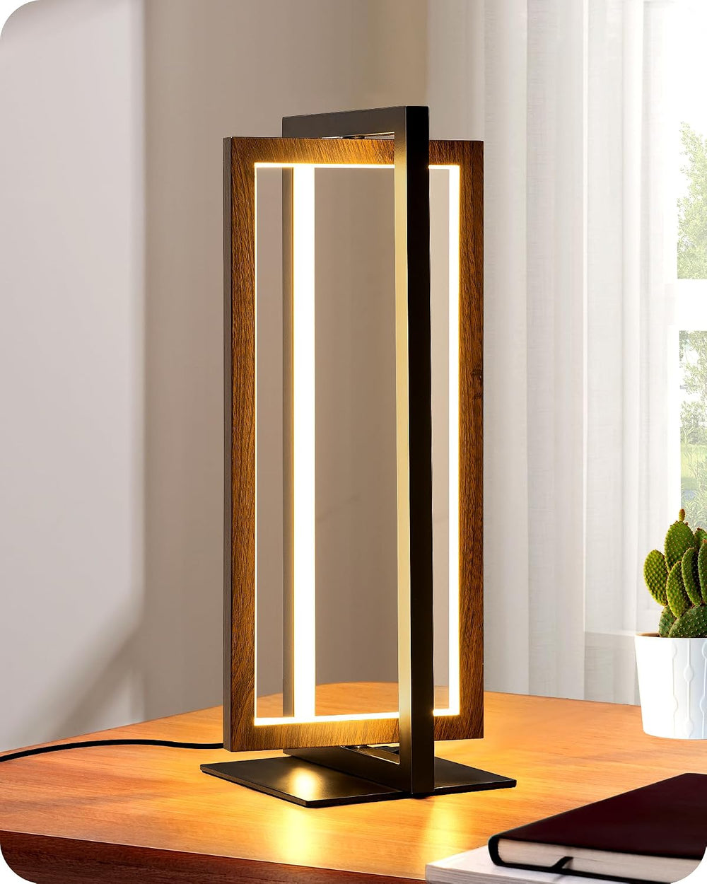 EDISHINE Modern LED Table Lamp, Minimalist Bedside Lamp, Walnut Wood Grain