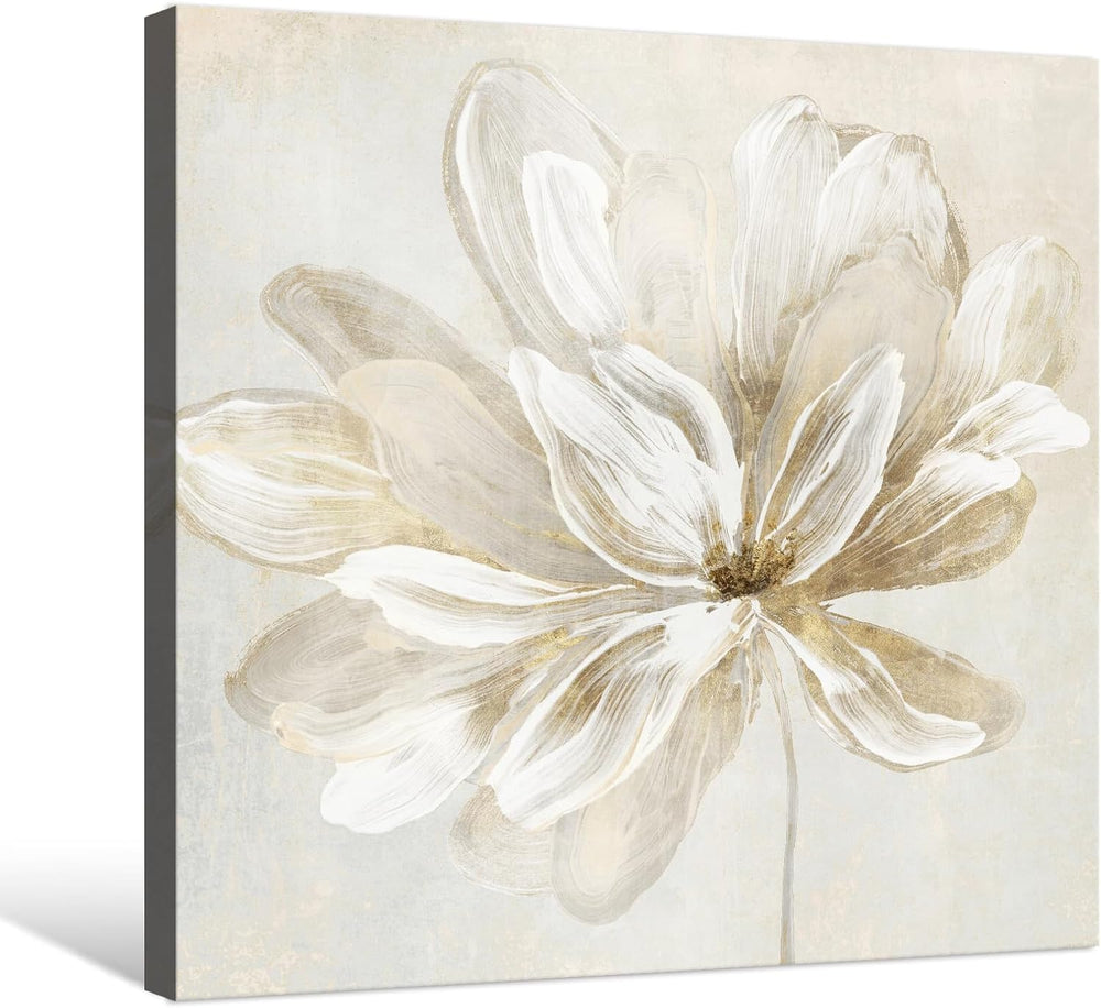 SEVEN WALL ARTS White Flower Wall Art Beige and Gold Blooming Flower Abstract...