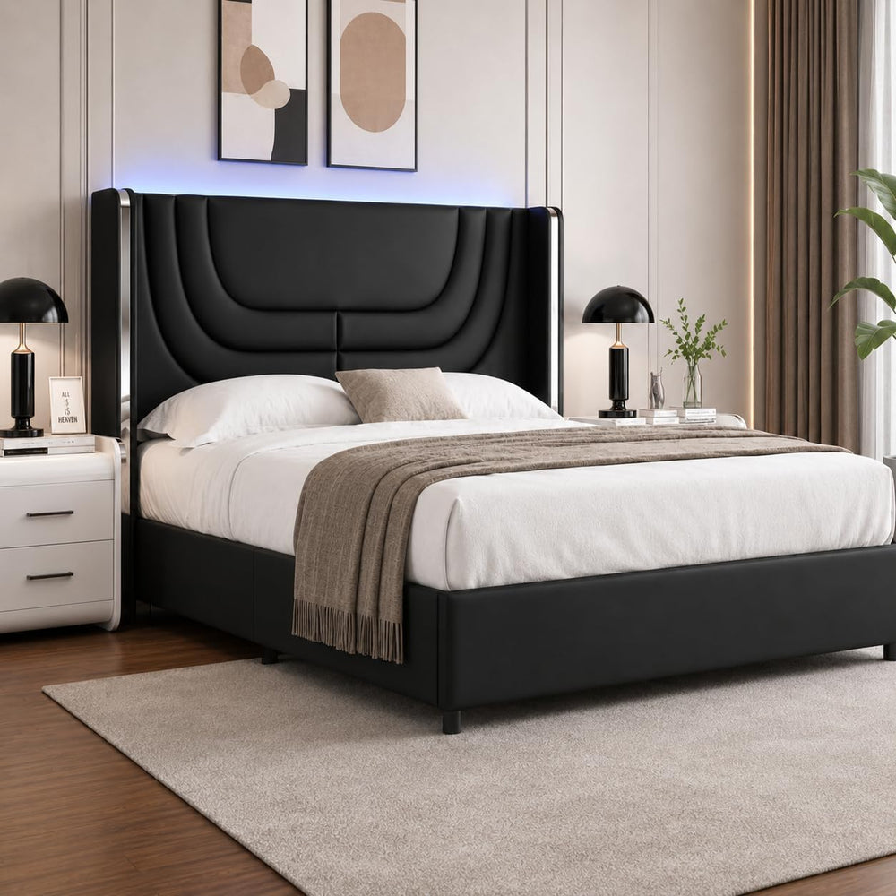REVOMINCA Queen Size Bed Frame with LED Lights and Headboard,Black