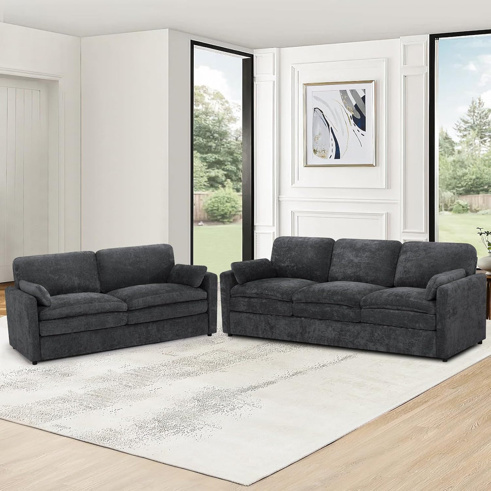 Comfy Chenille Sofa Set with Well-Filled Pillows, Dark Grey