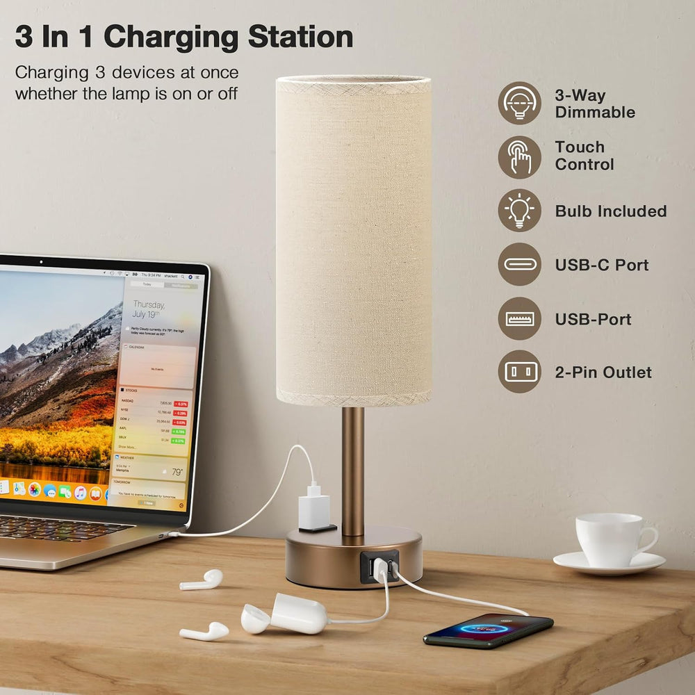 Fenmzee Brown Bedside Lamp for Bedroom, Dimmable Touch, USB A+C, AC Outlet