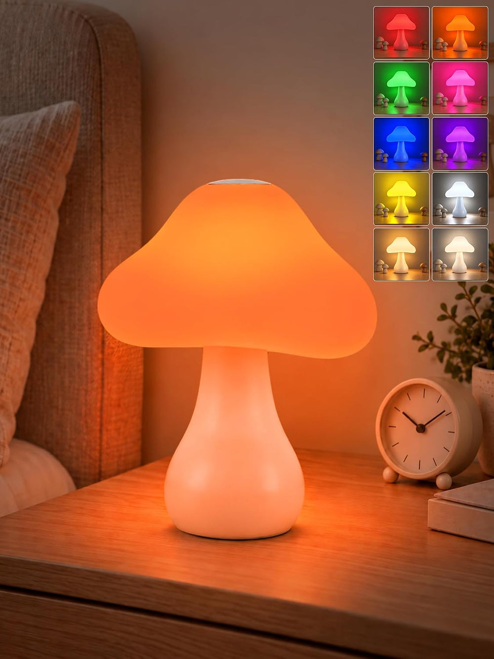 Mushroom Lamp, 10 Colors RGB+10 Brightness Rechargeable Bedside Table Lamp