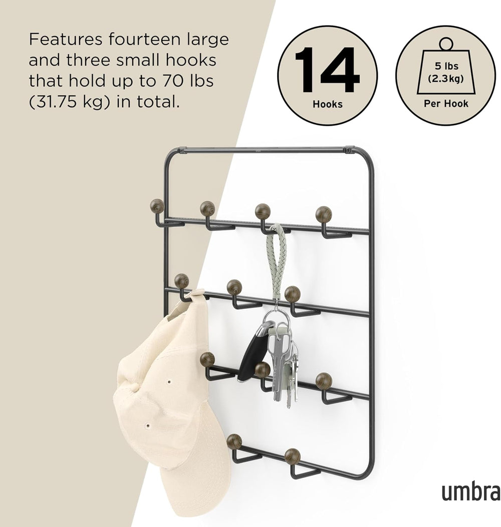 Umbra Estique Coat Rack, Over the Door Wall Hooks, 14 Hook, Black/Walnut