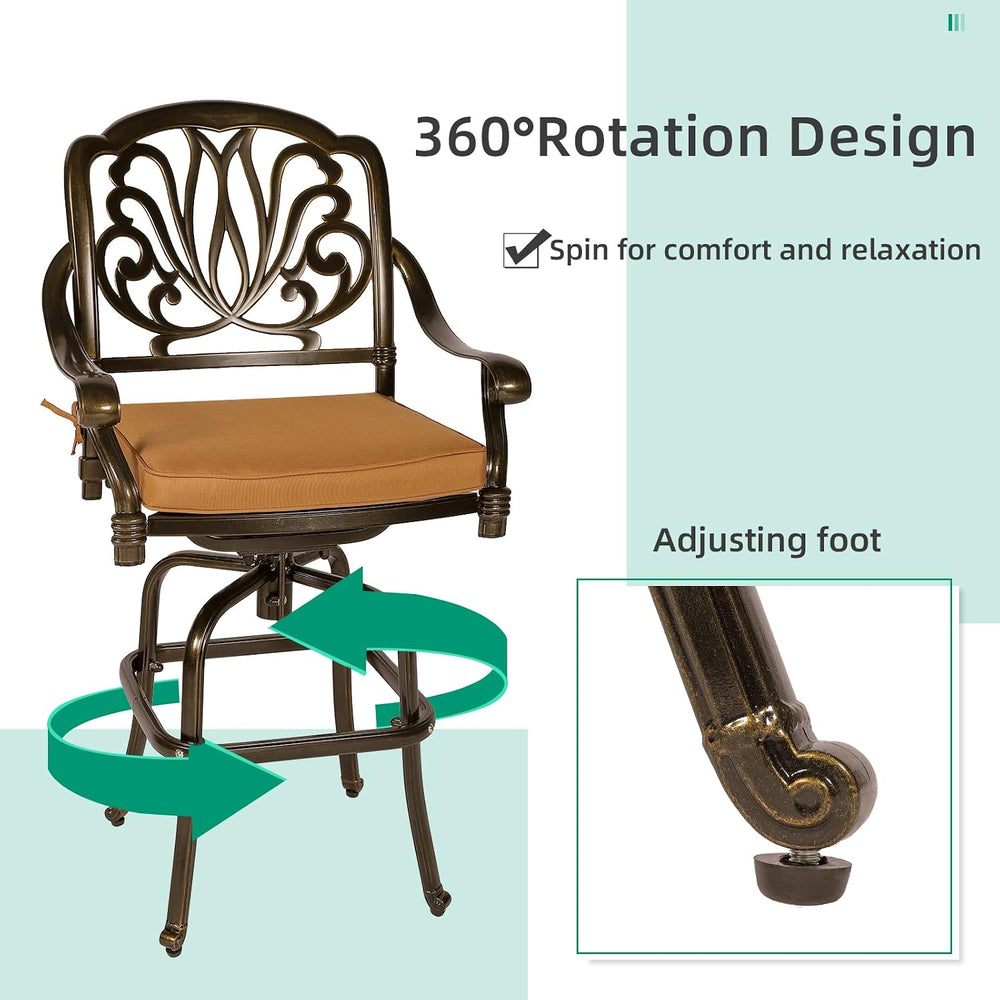 VIVIJASON 2-Piece Patio Swivel Bar Stools, All-Weather Cast Aluminum Bar Heig...