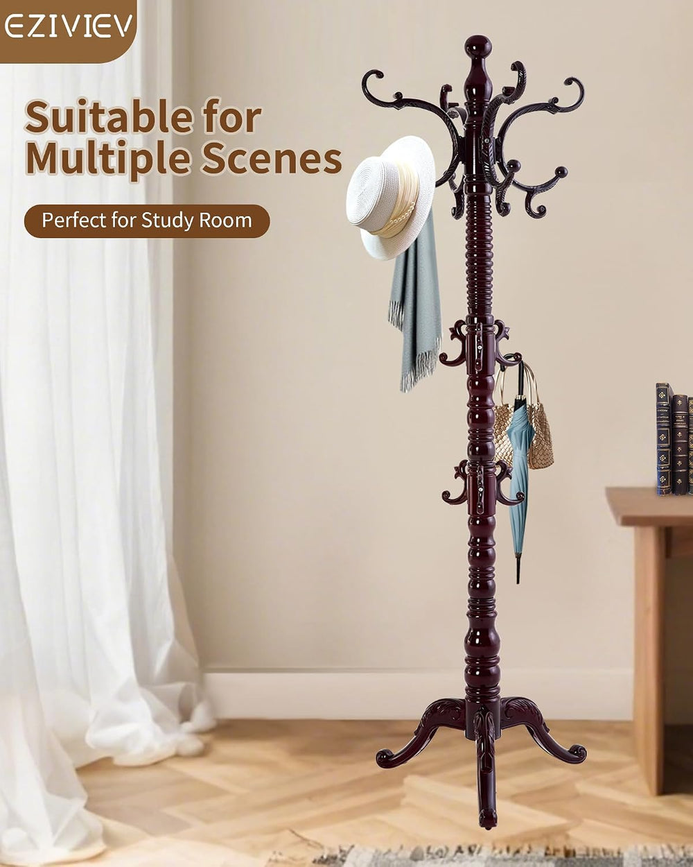 EZIVIEZ Coat Rack Vintage Solid Wood Coat Rack Freestanding with 14 Hooks