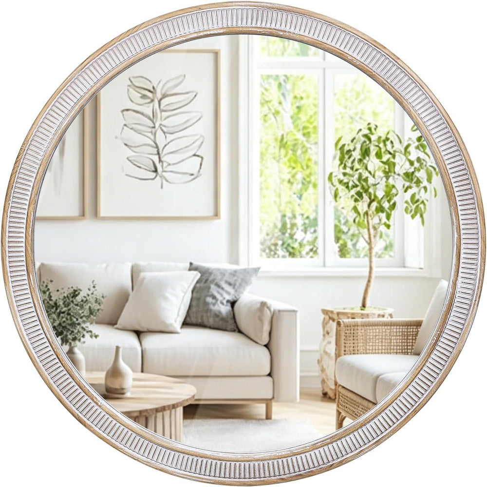 30 Inch Wooden Round Mirror for Wall Decor, Rustic Distressed Mirrors