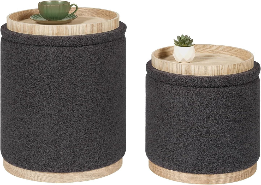 PINPLUS Round Storage Ottoman Set of 2, Dark Grey Boucle Stools with Tray