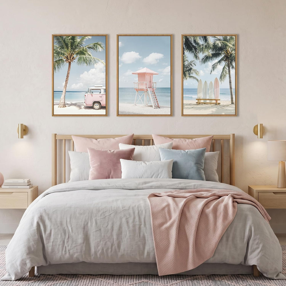 Celestdeco Beach Coastal Seascape Framed Canvas Wall Art Set-16"x24"x3