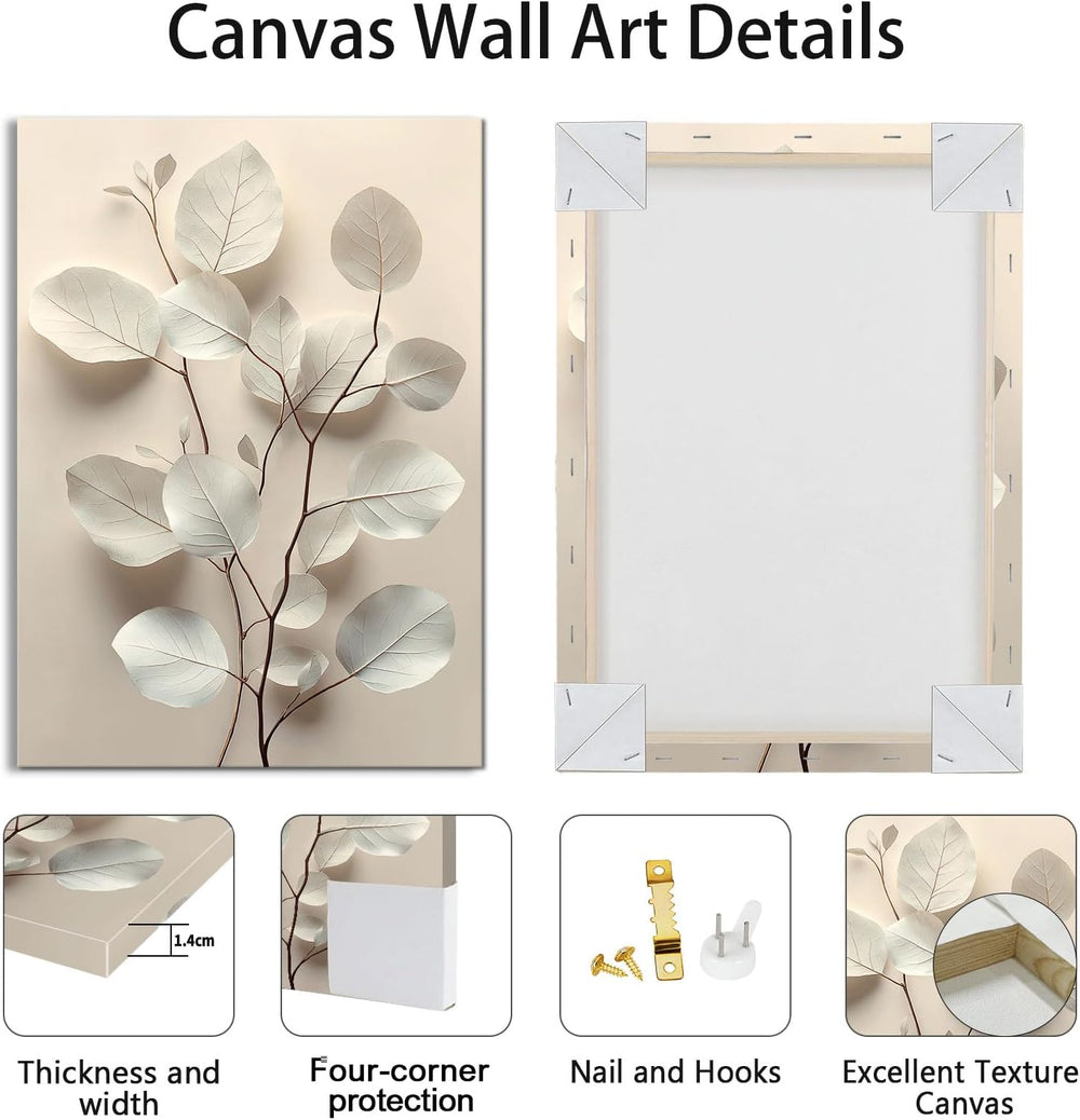 WENGTIAO 3Pcs Beige Floral Botanical Frame Canvas Wall Art 12"x16"x3