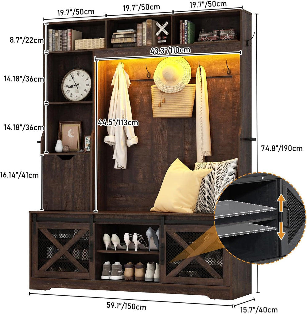 75''H 59''W Large LED Farmhouse Hall Tree with Bench and Shoe...