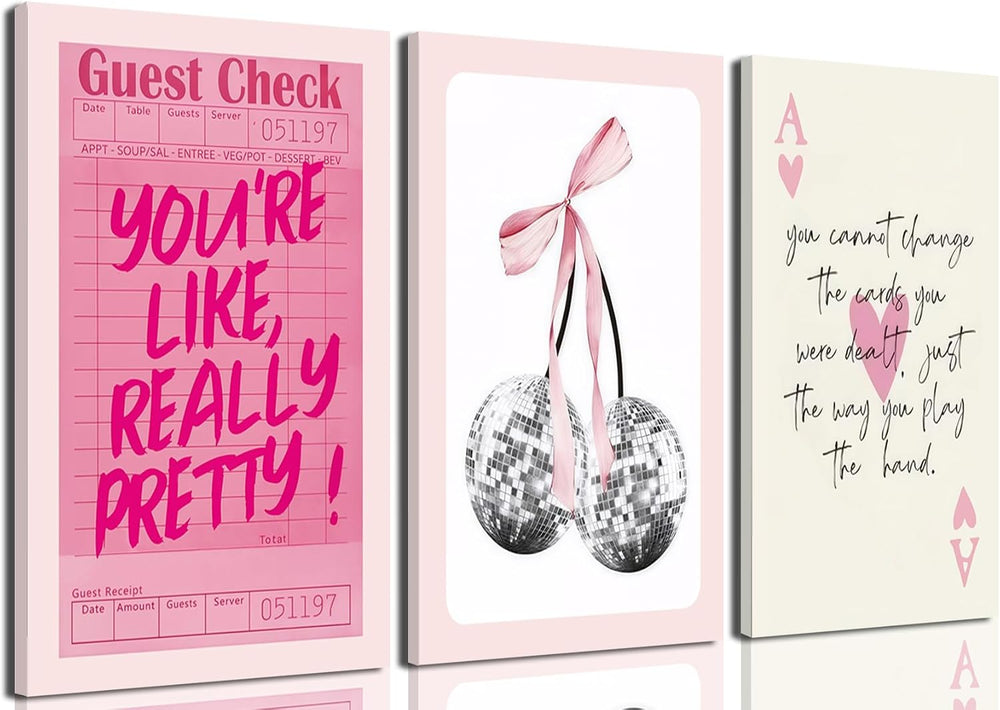 Pink Preppy Wall Art Framed Set of 3 Trendy Coquette Disco Cherry Posters Ret...