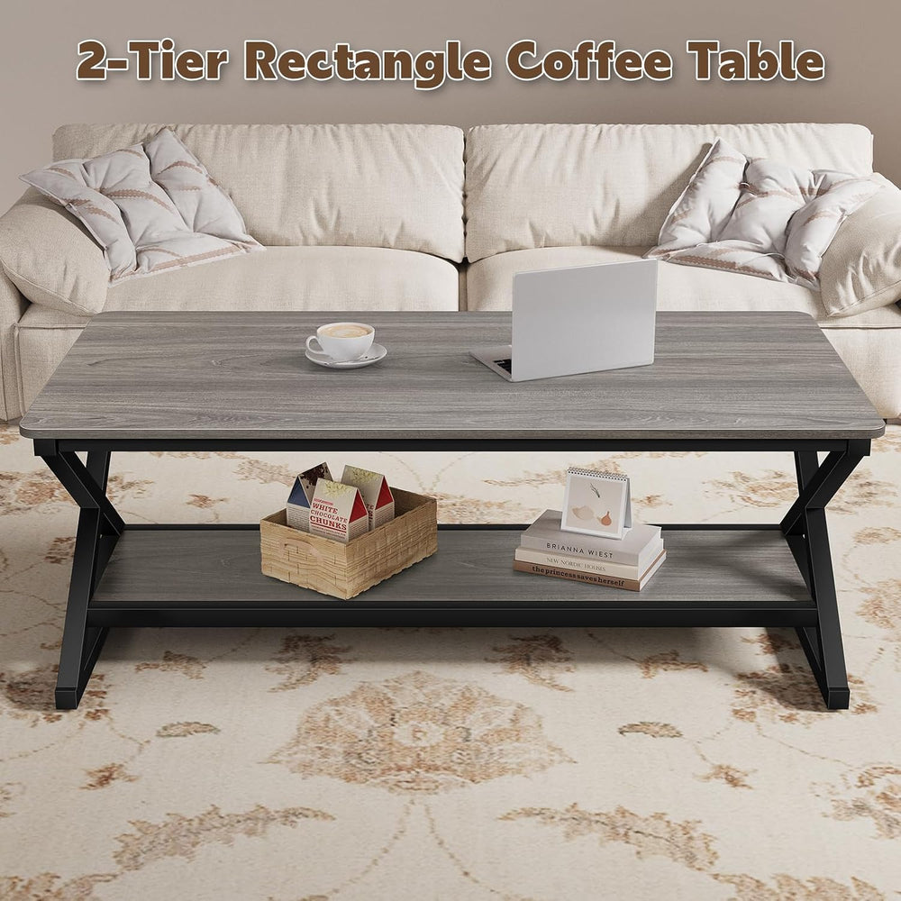 47" Coffee Table for Living Room, 2-Tier Rectangle, Grey Oak