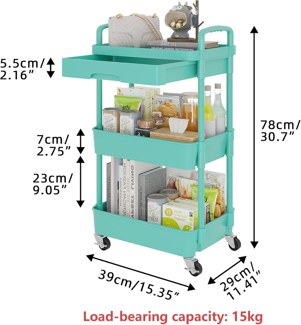 Calmootey 3-Tier Utility Cart with Drawer & Wheels, Storage for Home,Office