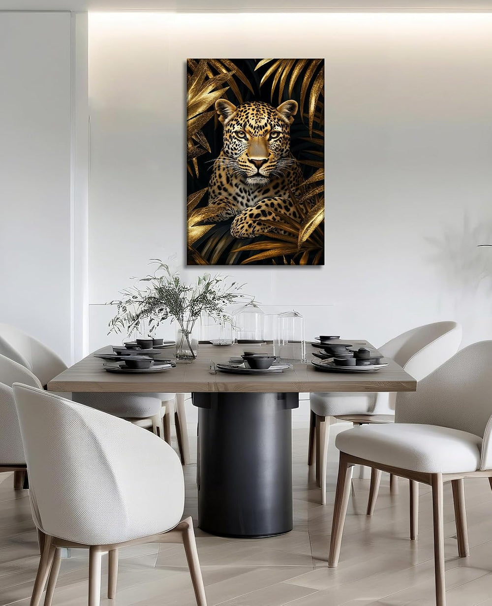 Leopard Canvas Wall Art Gold Leaves Picture Black Poster African Theme Jungle...