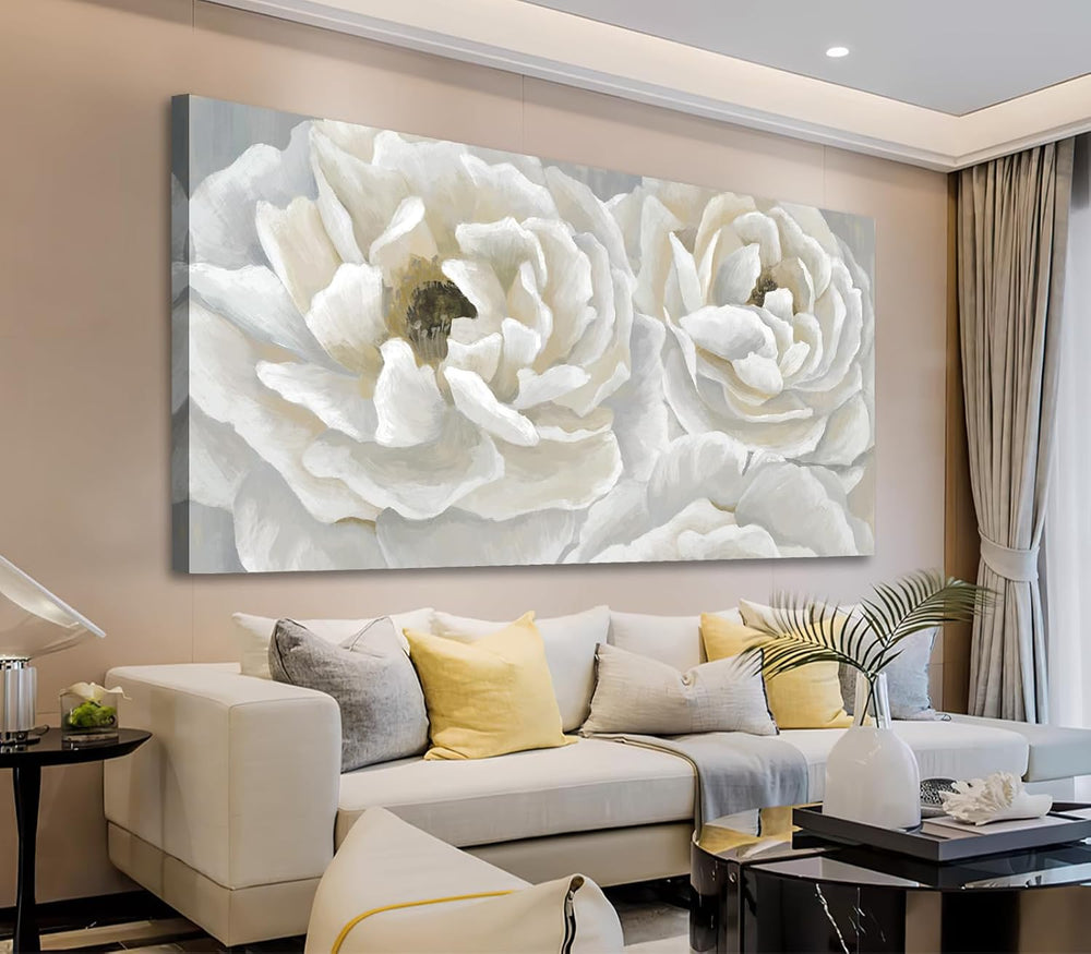 Cream White Flower Wall Art Elegant Botanical Painting Prints, 24"x48"