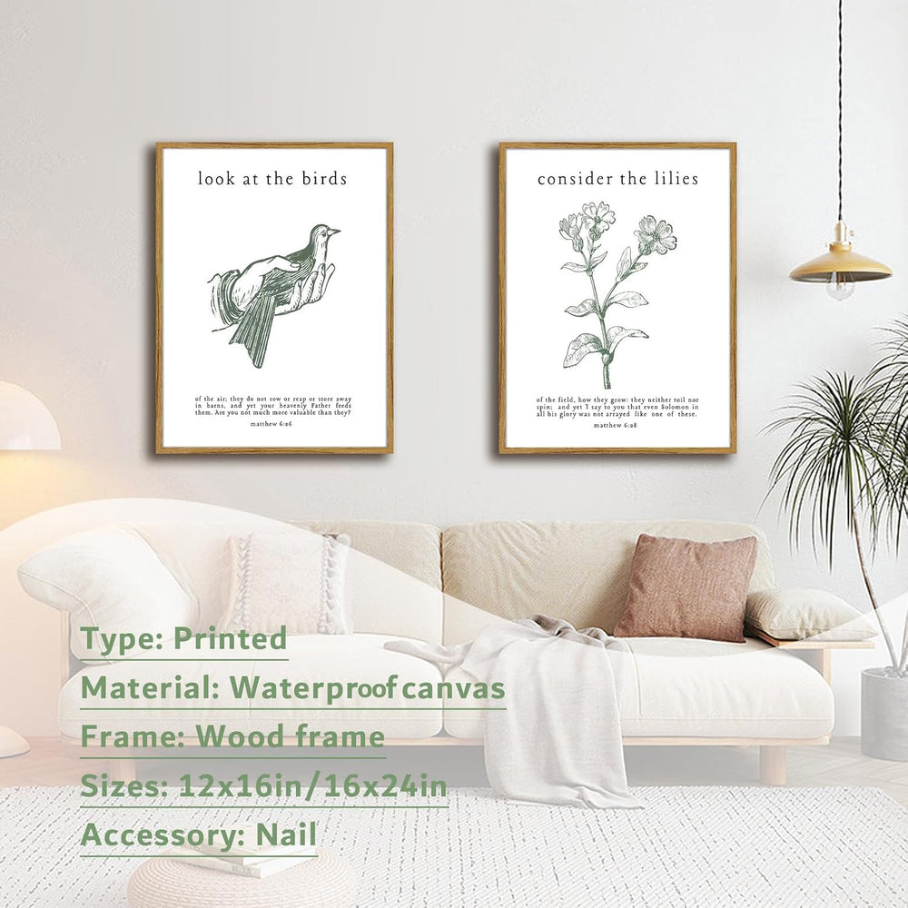 Framed Christian Wall Art Set – Matthew 6:26 “Look at the Birds” & “Consi...