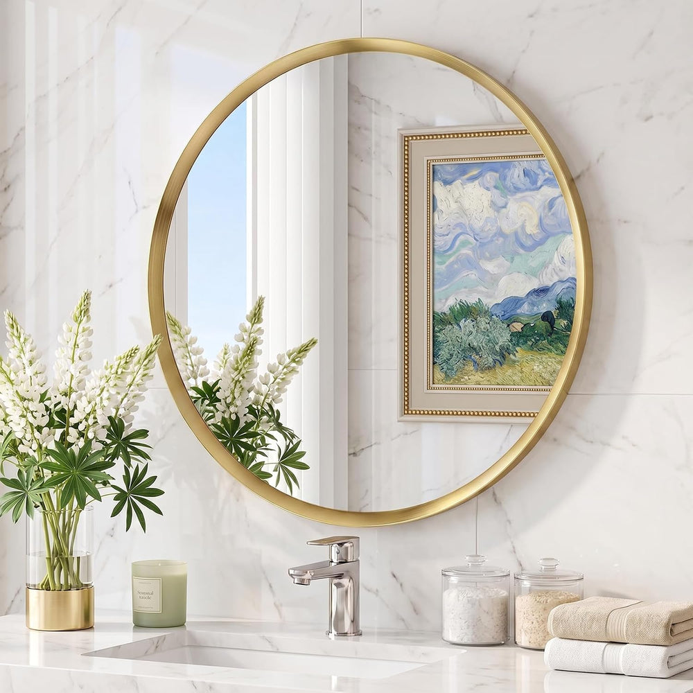 24 inch Brushed Gold Round Bathroom Mirror,Circle Mirror