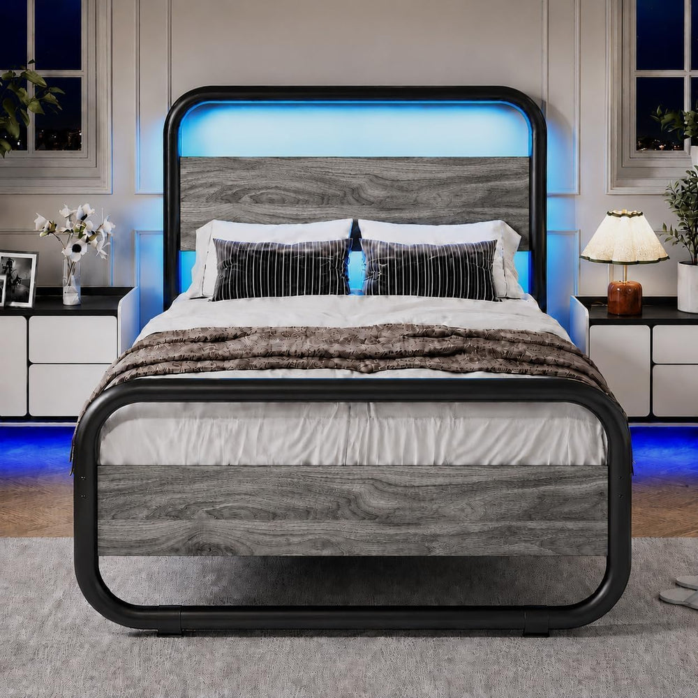 Catrimown Twin Size Bed Frame with Headboard and LED Lights, Grey