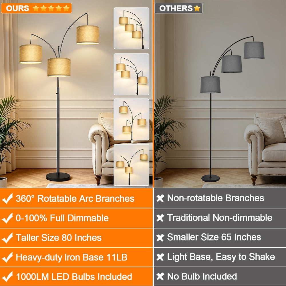 Nintiue Dimmable Floor Lamp, 3 Lights, Gold Arc, Champagne