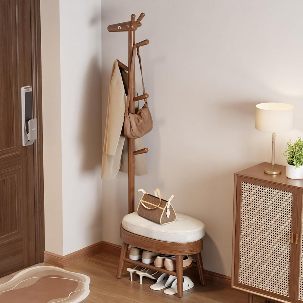 AQIMUELE Shoe Bench with Coat Rack, Shoe Rack with 9 Hooks, Walnut