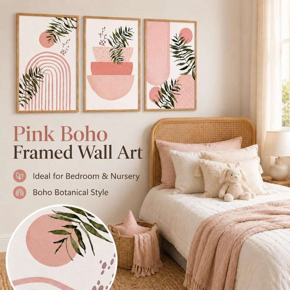 Framed 3pcs Boho Pink Geometric Leaf Canvas Wall Art 12x16 Inch