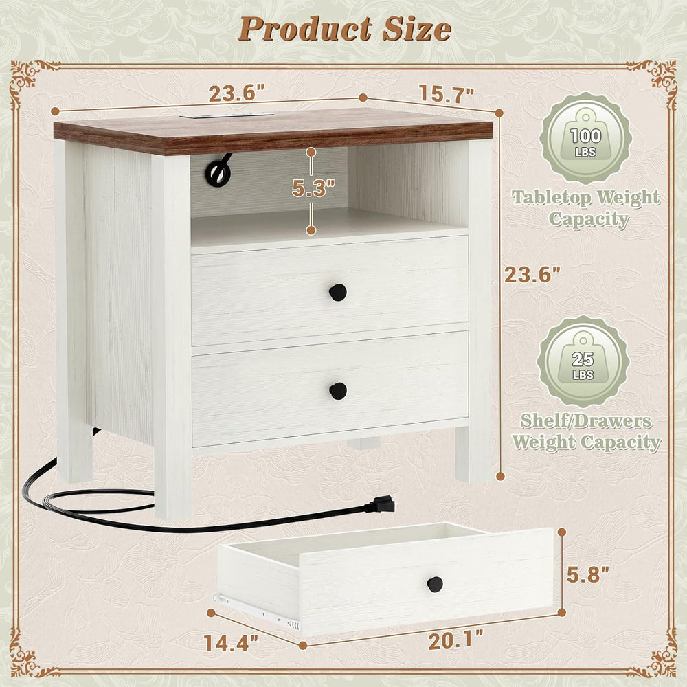 Aheaplus Nightstands Set of 2, 2 Drawers Night Stand with Charging Station