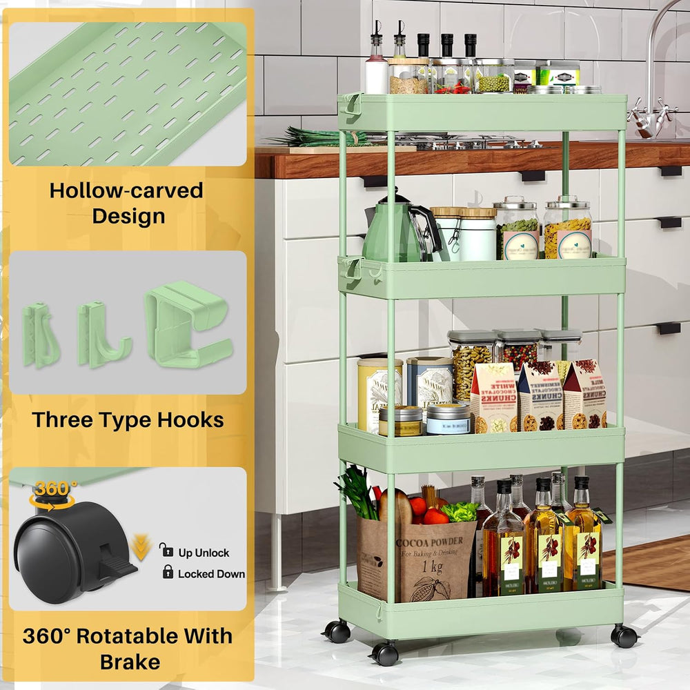 SPACEKEEPER 4 Tier Rolling Cart, Bathroom Cart Organizer with Wheels, Green