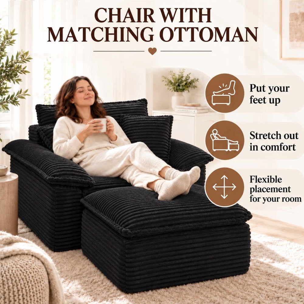 Black Oversized Chair with Ottoman, Boneless Corduroy Reading Chair