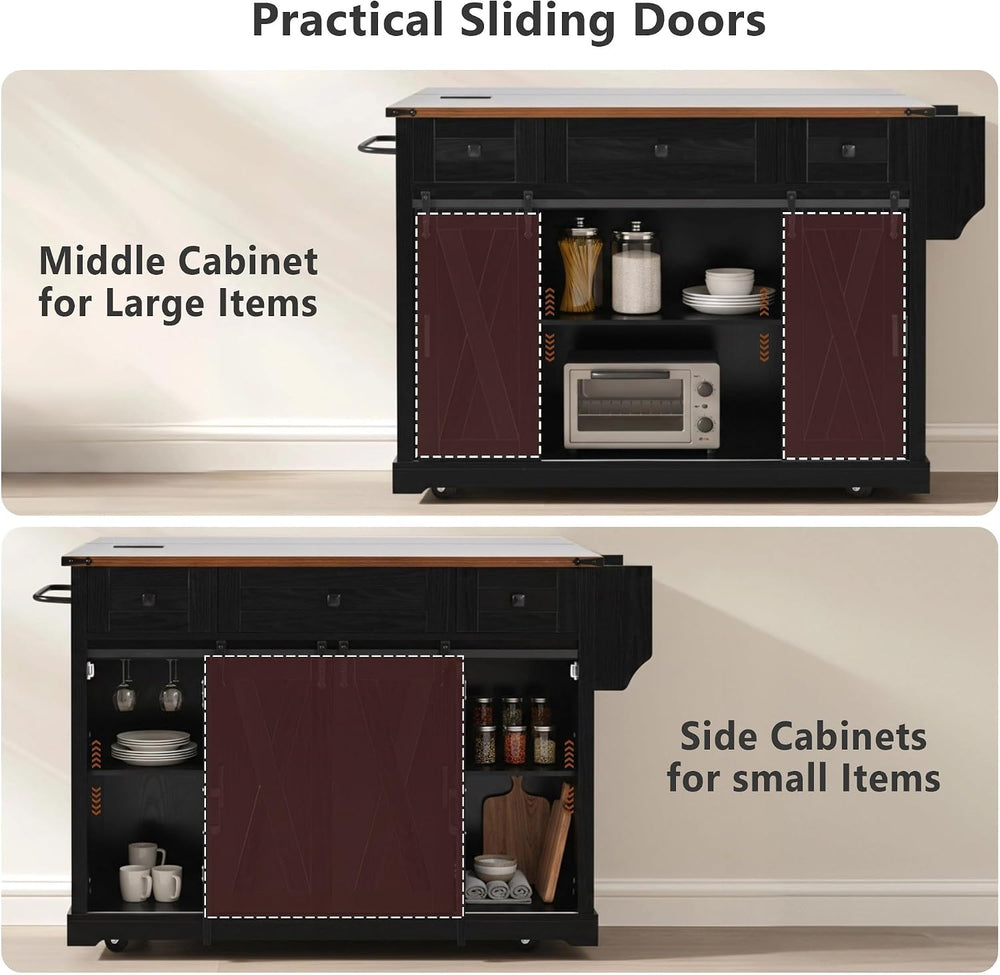 LUMISOL Farmhouse Kitchen Island Cart with Drop Leaf & 3 Drawers, Black