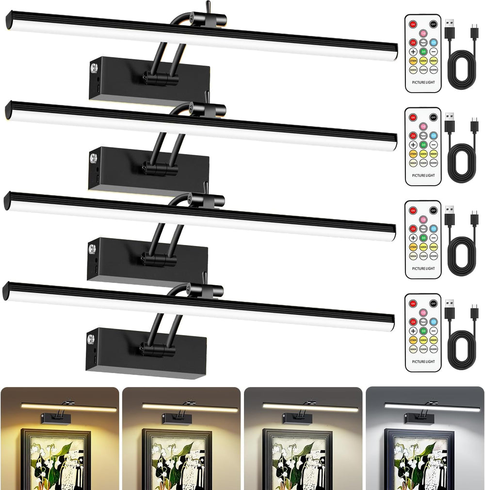 6CCT 16" Rechargeable Picture Lights for Wall with Remote, 4 Pack Black