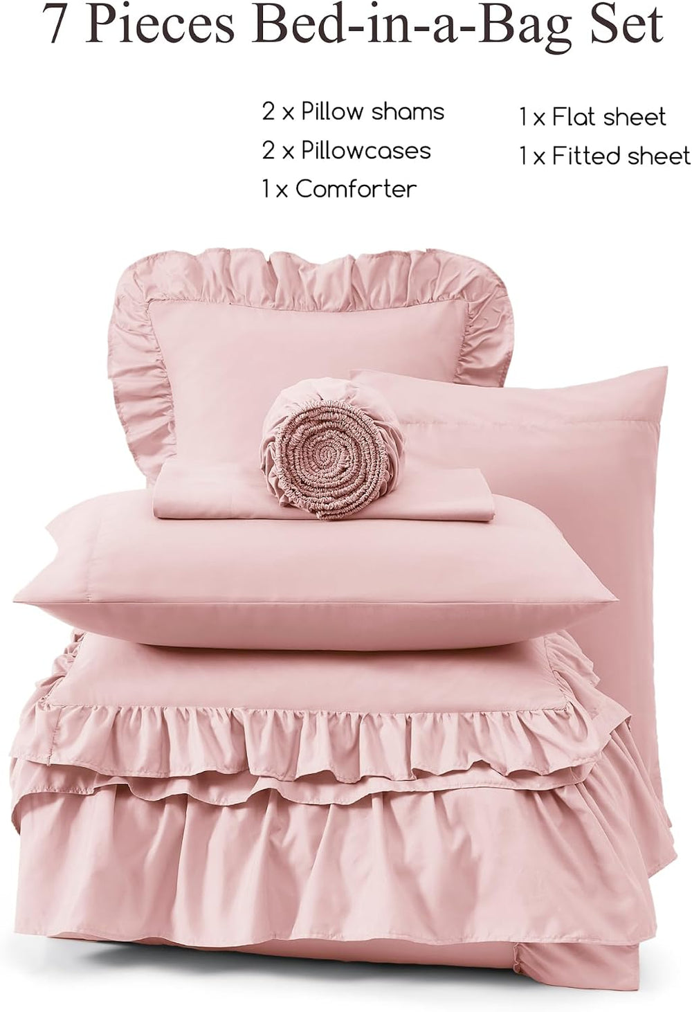 King Size Comforter Set Soft Pink Ruffle 7 Pieces Farmhouse Bed in a Bag