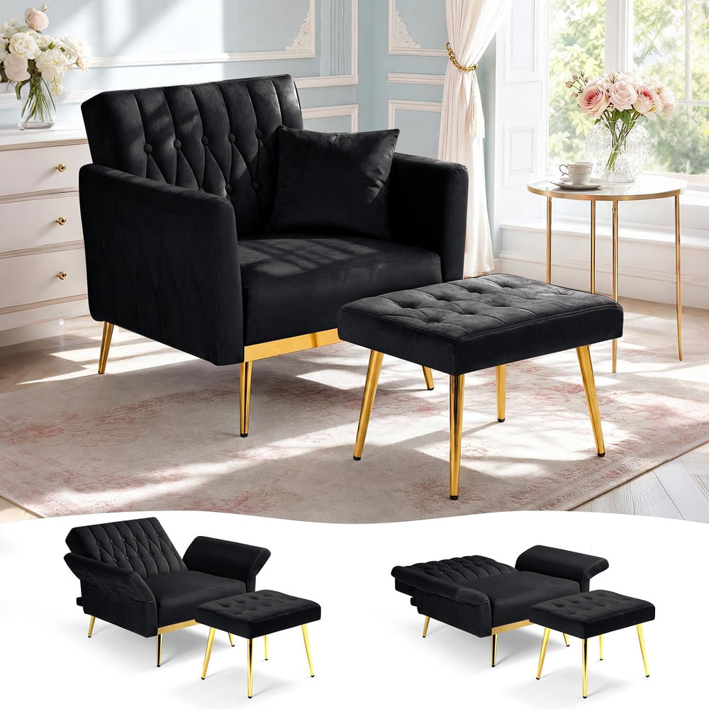 Velvet Accent Chair w/Ottoman & Adjustable Backrest, Black