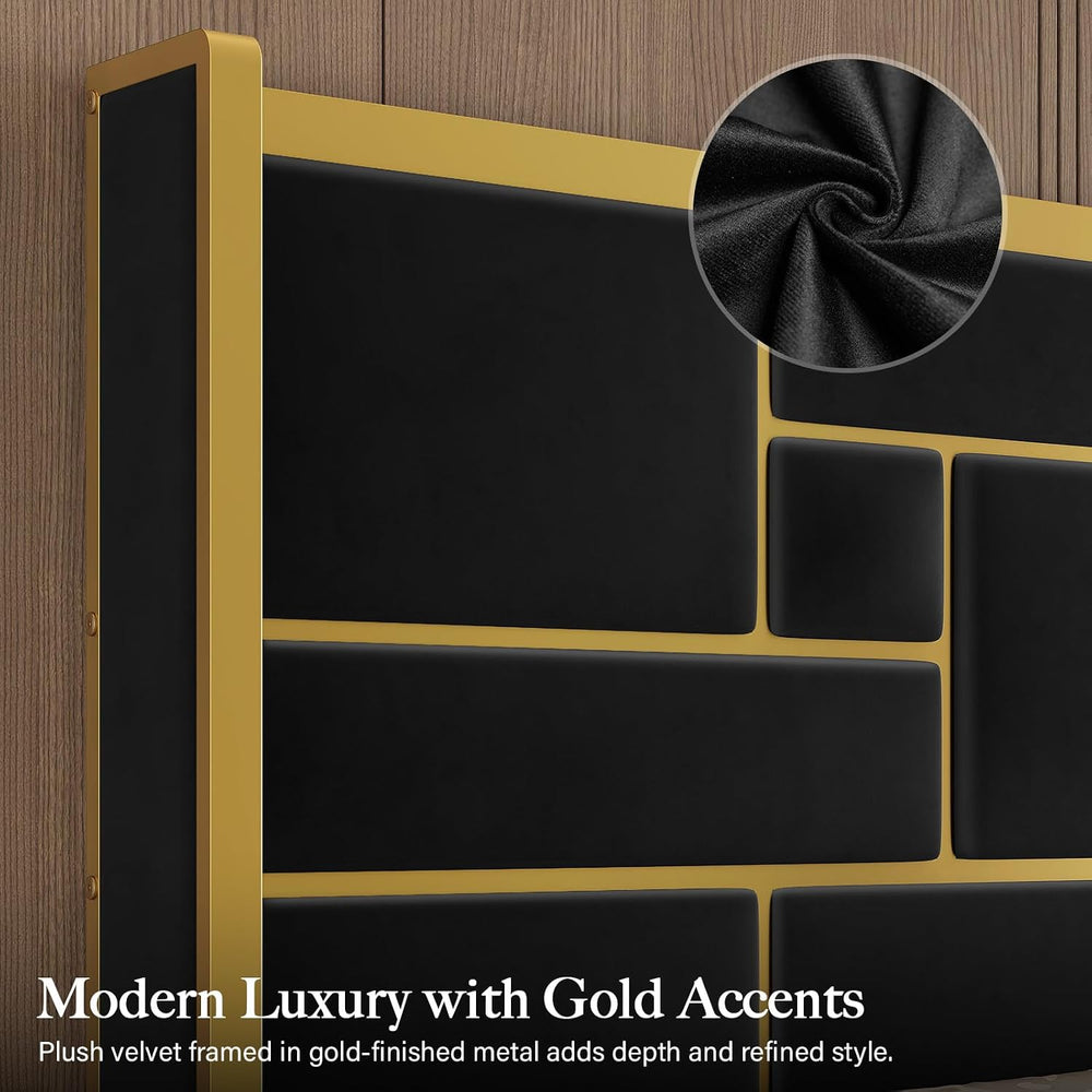 King Bed Frame and Gold Trim Headboard, Upholstered Bed, Black