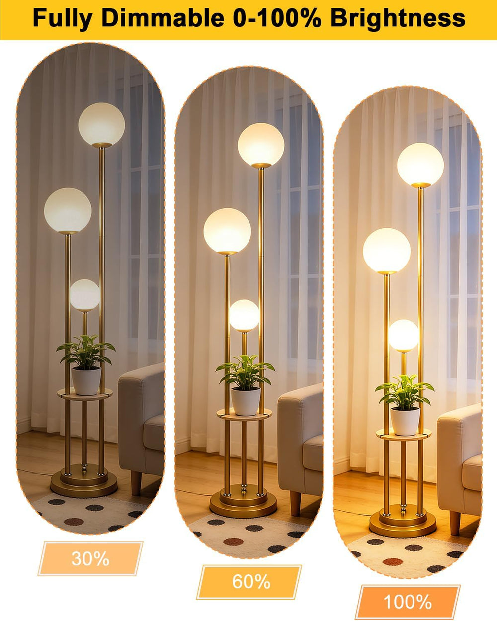 Lightdot Gold Floor Lamp 3-Lights Dimmable Floor Lamps with Tray 3000K Bulbs ...