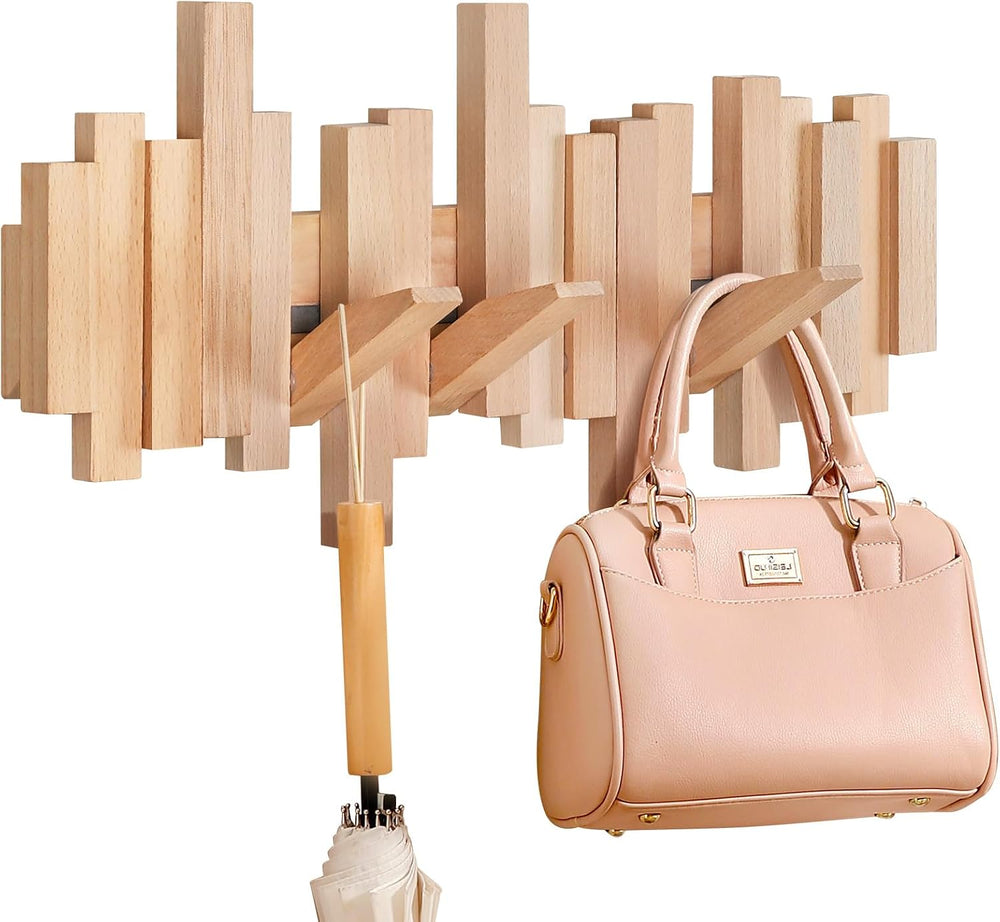Ufine Wood Wall Mounted Coat Rack with 6 Flip-Down Hooks