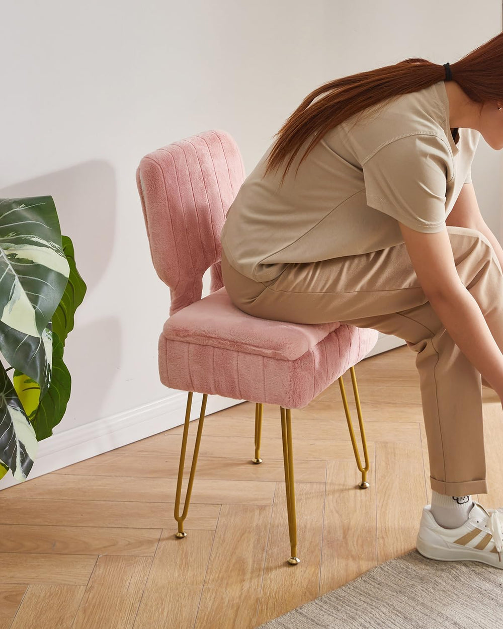 IBUYKE Vanity Stool with Storage, Folding Back Makeup Chair, Pink WBD030P