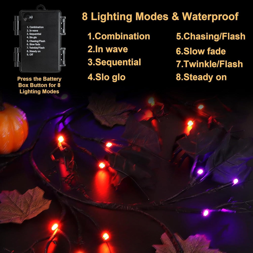 9 FT 72 LED Willow Vine Twig Decor Black Halloween Garland with Orange & ...