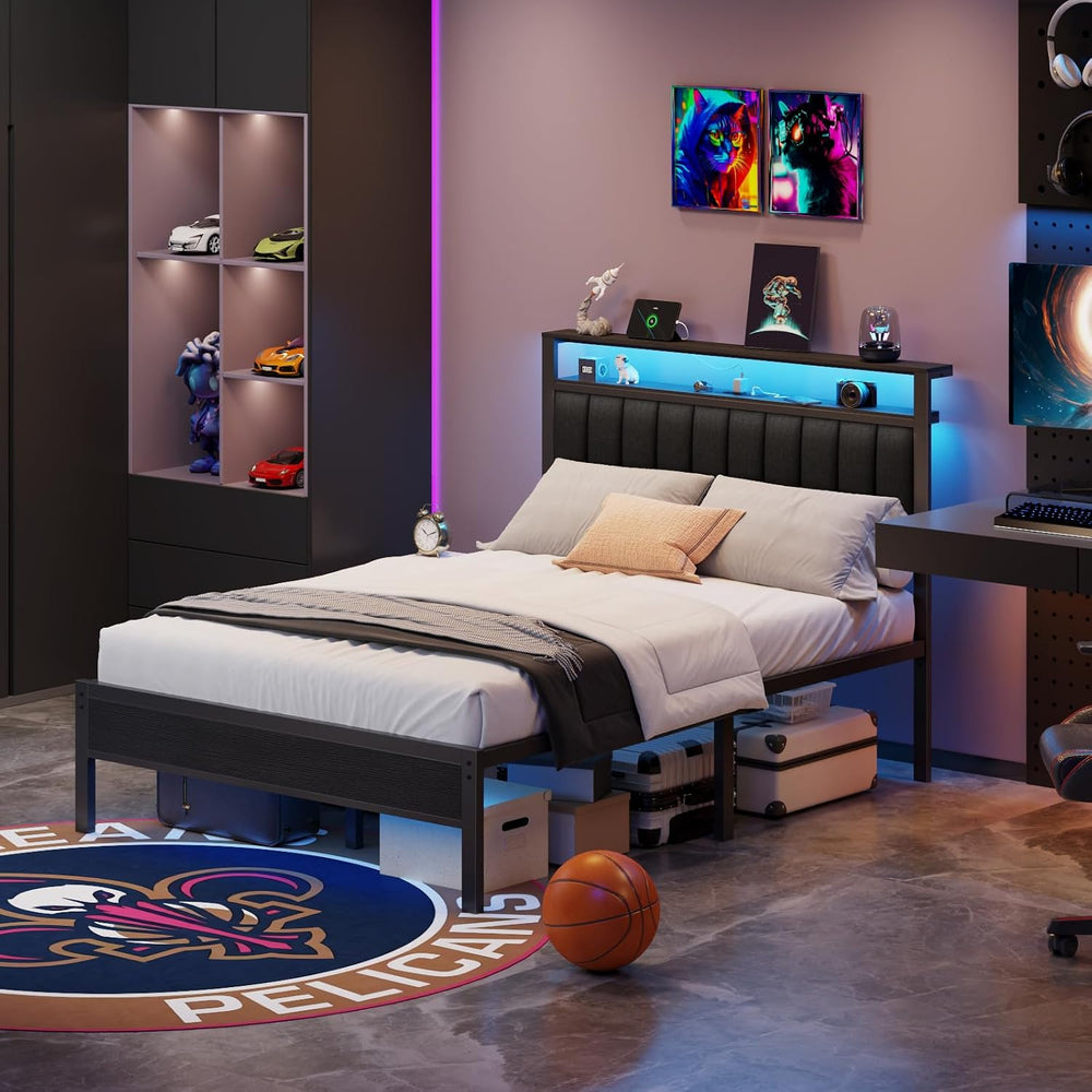 Furnulem Queen Size Bed Frame with Charging Station and LED Lights