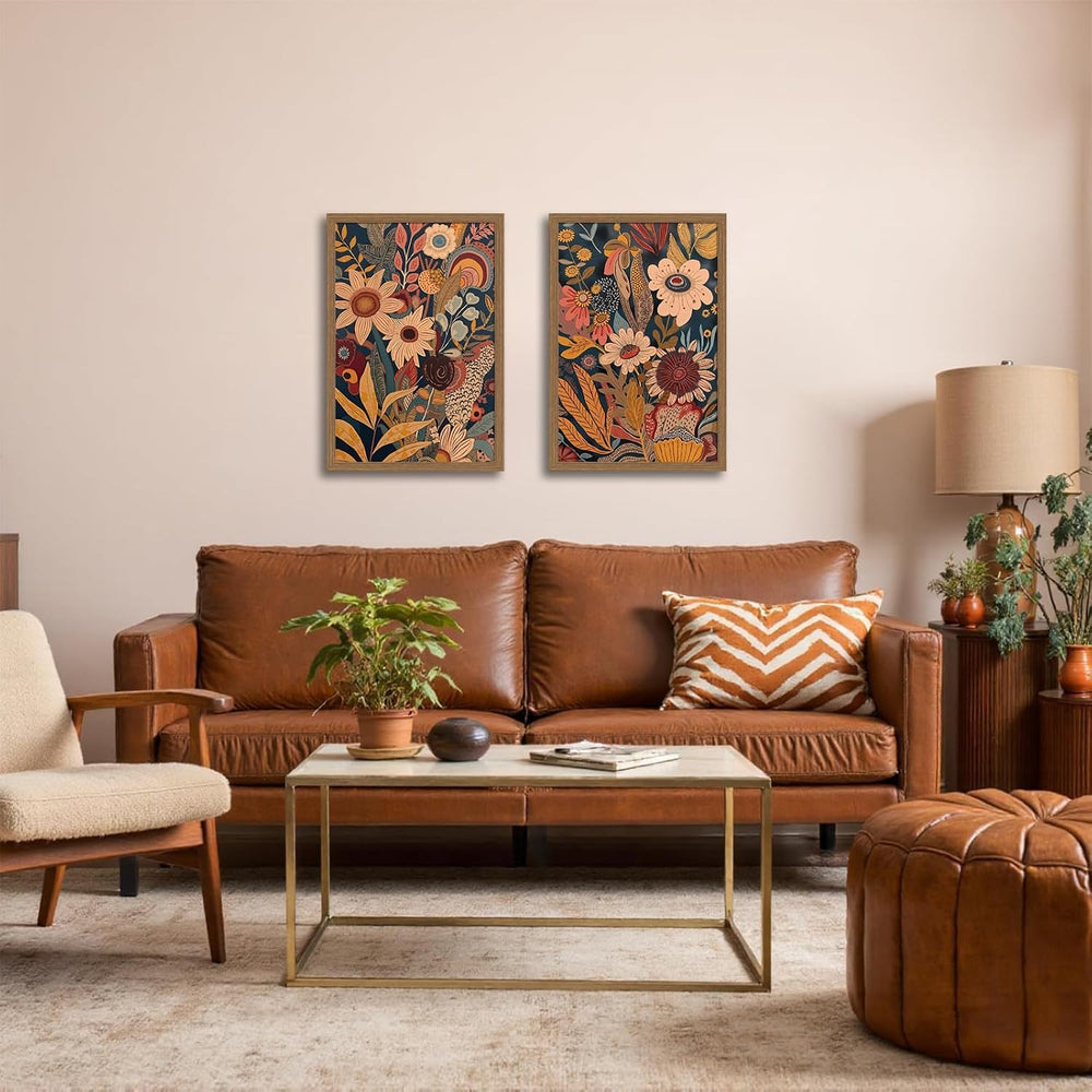 2pcs Orange Flower Framed Canvas Wall Art Set Rural Bohemian Natural Style Ca...