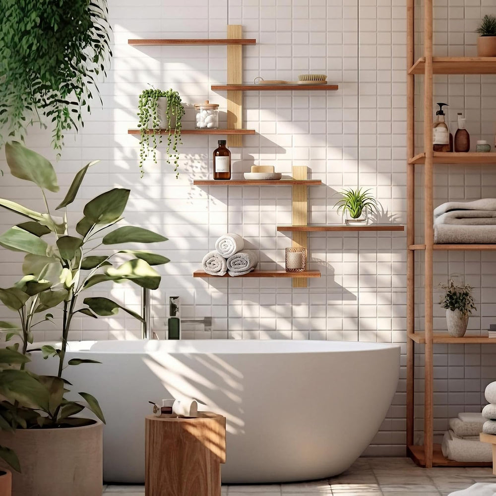 Pinkunn 2 Pack Floating Wall Shelf Mid Century Decor, Natural Wood, 3 Tier