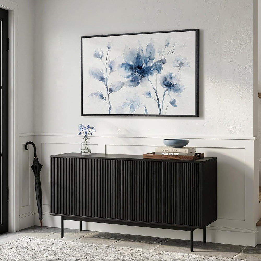 Framed Modern Minimalist Blue Pastel Floral Wall Art for Bedroom, 24x36 In