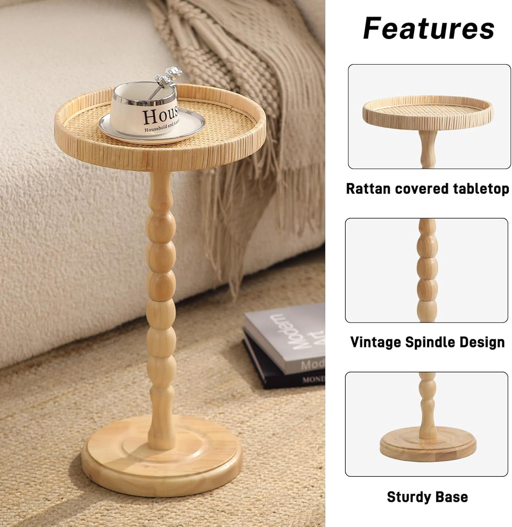 Small Side Table,Rattan Round Drink Tables for Small Spaces, Boho Circle Acce...