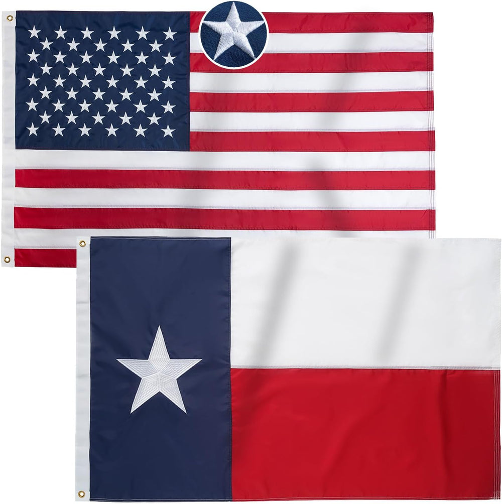 Homissor American Flag and Texas Flag 3x5 Ft Combo Pack - Embroidered Stars U...
