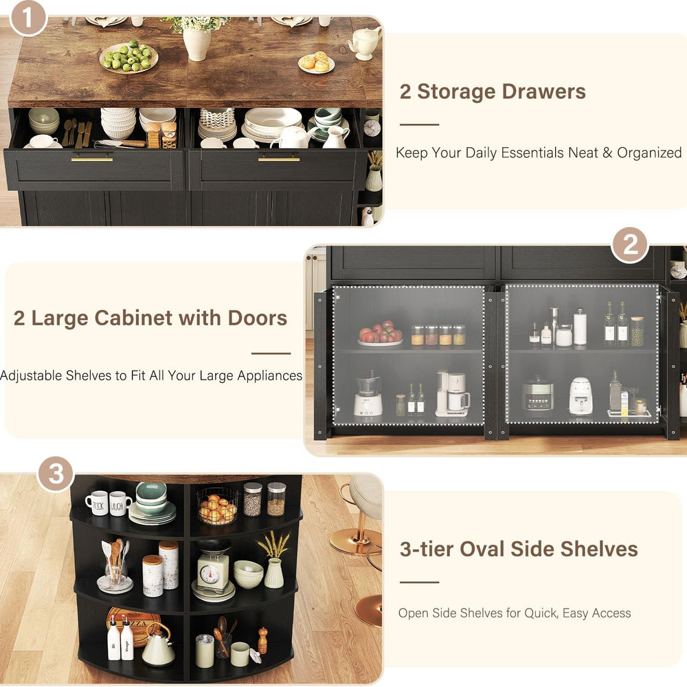 HSH 63 Inch Large Kitchen Island with Storage and Seating, Rustic Brown