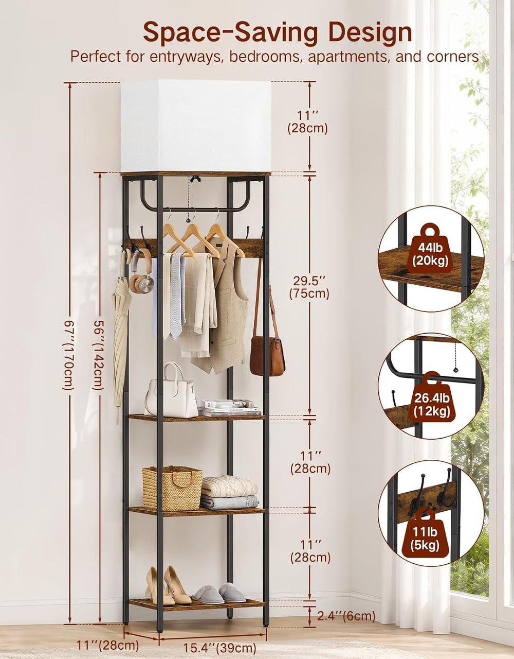 Compact Coat Rack with Lamp & Remote, 3 Color Temperatures