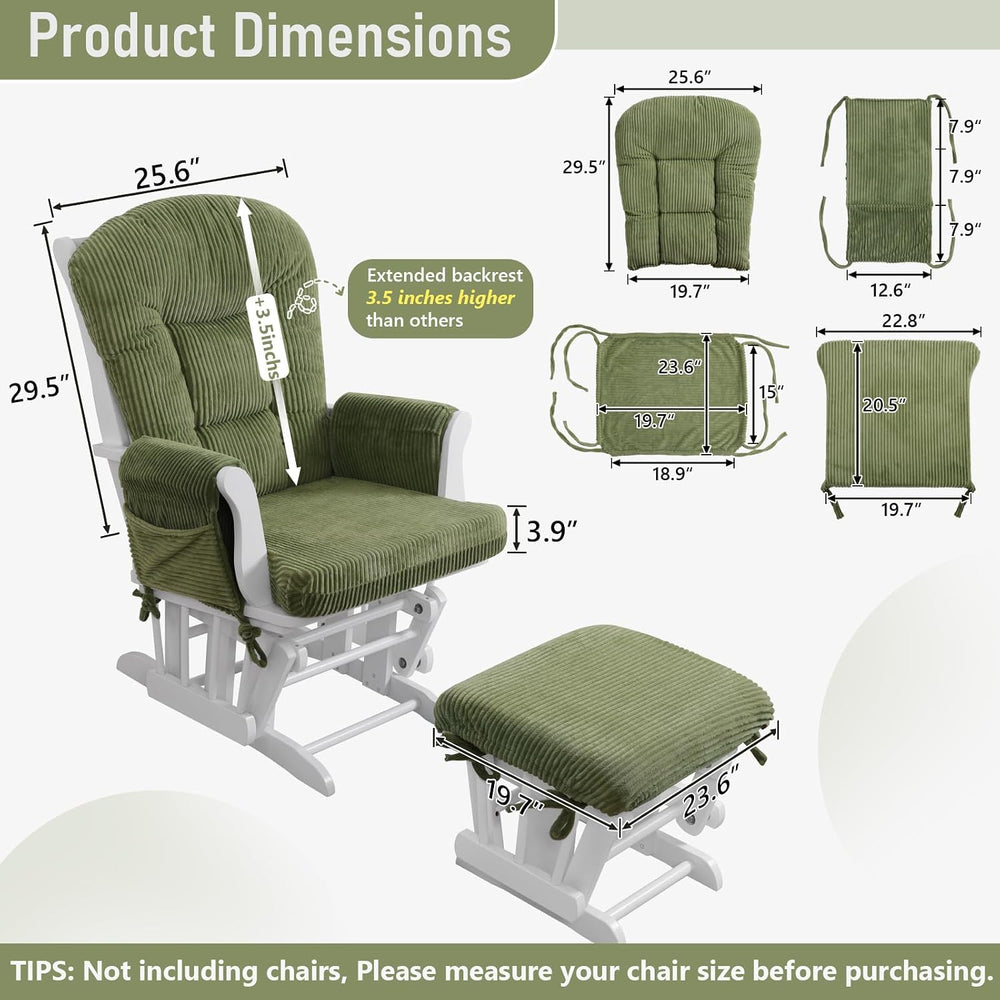5PCS Glider Rocker Replacement Cushions with Storage Side Pockets, Green