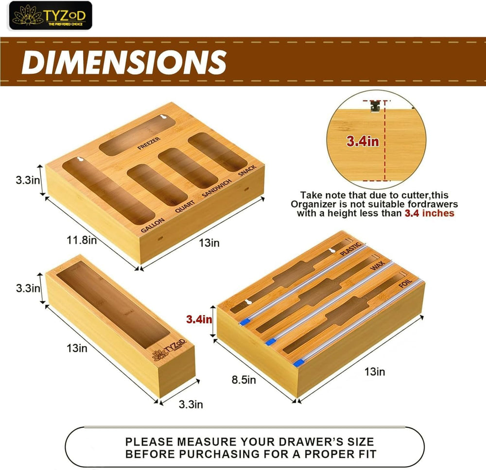 9-in-1 Bamboo Storage Bag Organizer with Cutter, Kitchen Drawer & Wall Mo...