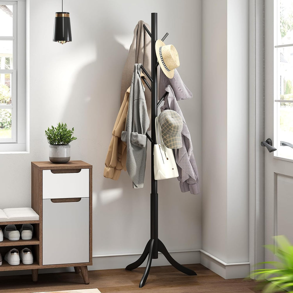 kiplant Black Coat Rack Stand, Bamboo Wood Freestanding Coat Tree with 8 Hook...