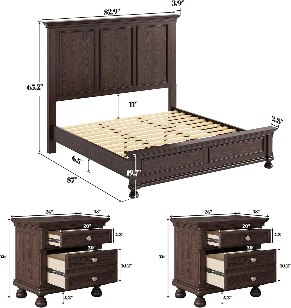 AMERLIFE Solid Wood 3-Piece Set, King Bed & 2 Nightstands, Dark Brown
